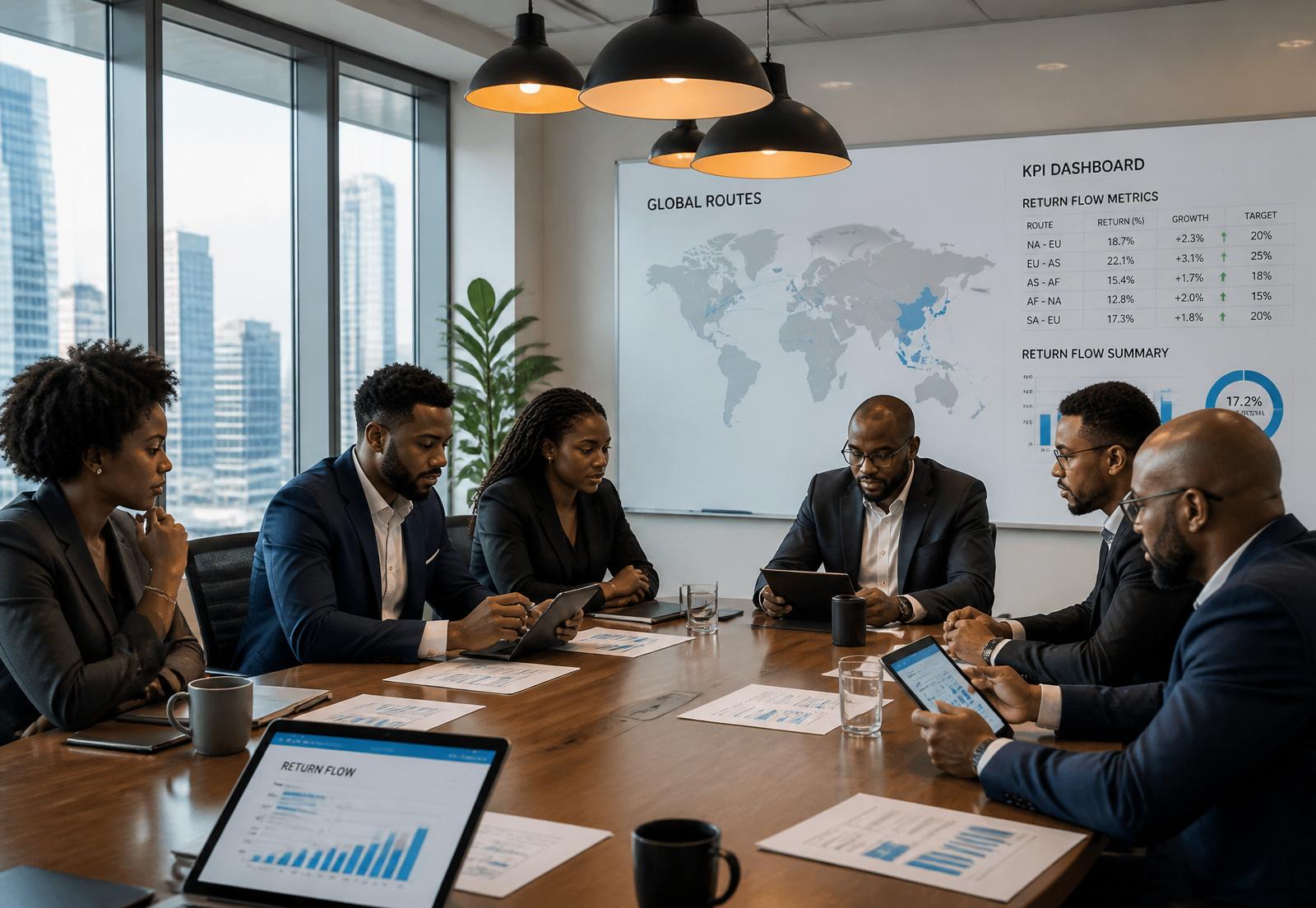 Vertistics team reviewing global return flow routes and KPI dashboards in a boardroom